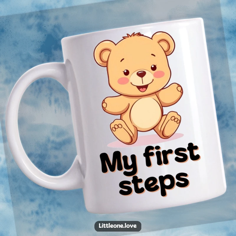 Funny mug with a happy teddy bear character learning to take wobbly steps, symbolizing perseverance, joy, and adorable milestones, perfect gift.