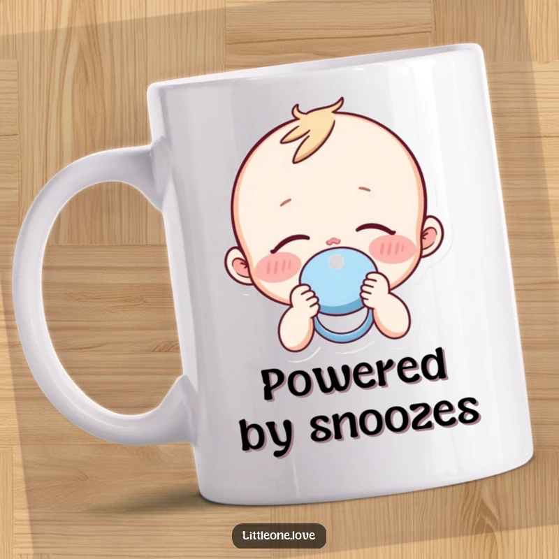 Funny sleepy baby with rosy cheeks peacefully holding a pacifier, on a comforting ceramic mug.
