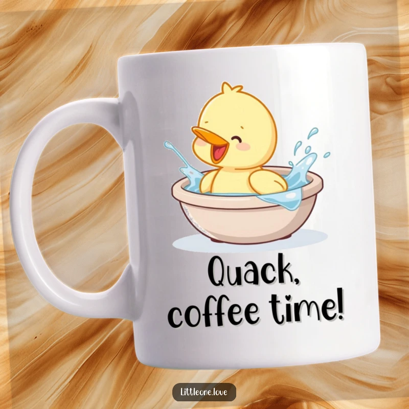 Funny baby duckling mug enthusiastically splashing in a tiny tub of water. A cheerful and cute gift.