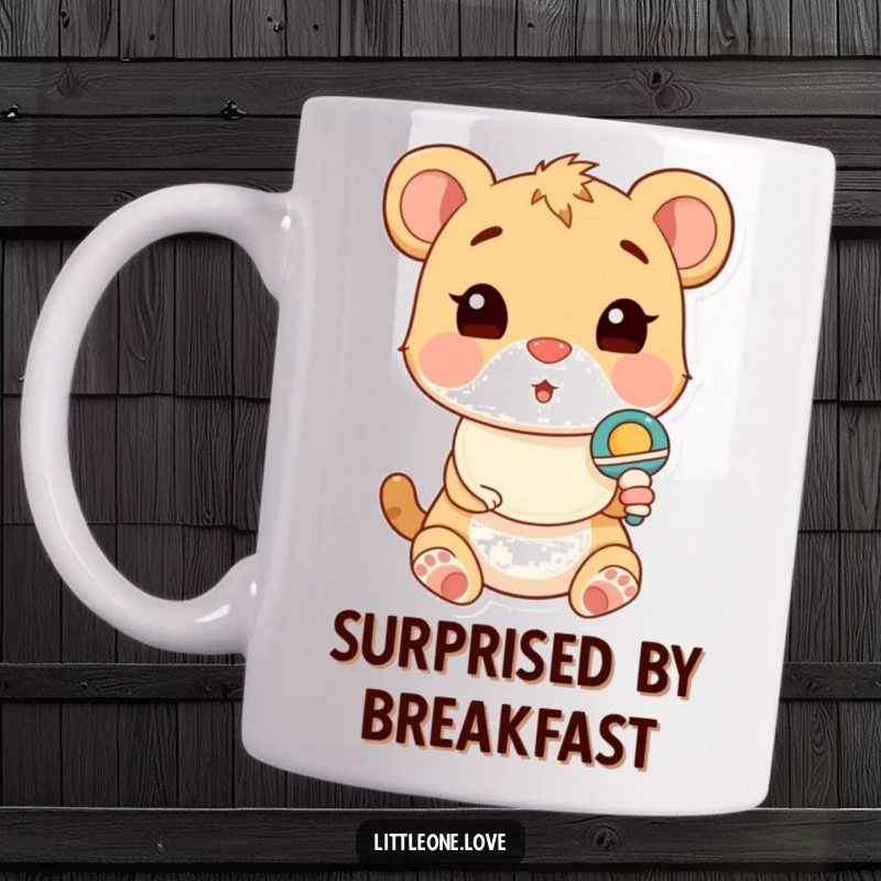 Funny Mug featuring a cute baby animal in a bib, looking comically surprised as it encounters a toy rattle.