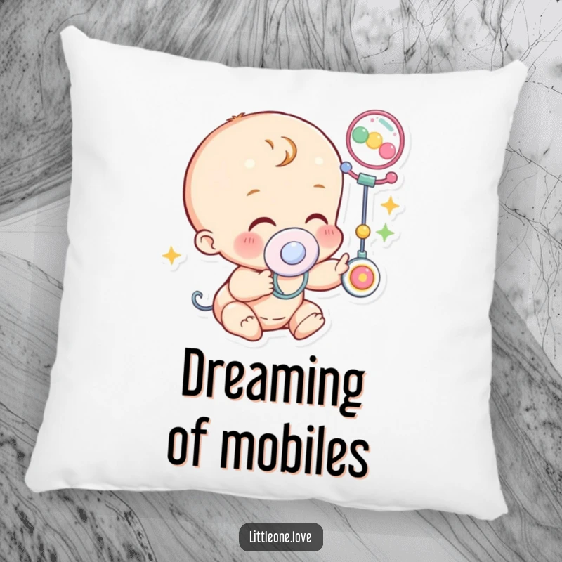 Funny Pillow: A baby character wearing a pacifier giggles happily while reaching out towards a vibrant, dangling mobile.
