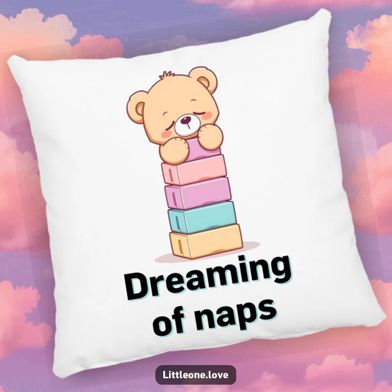 Funny pillow design of a drowsy teddy bear attempting to balance an enormous stack of toy blocks, a soft and humorous accent.