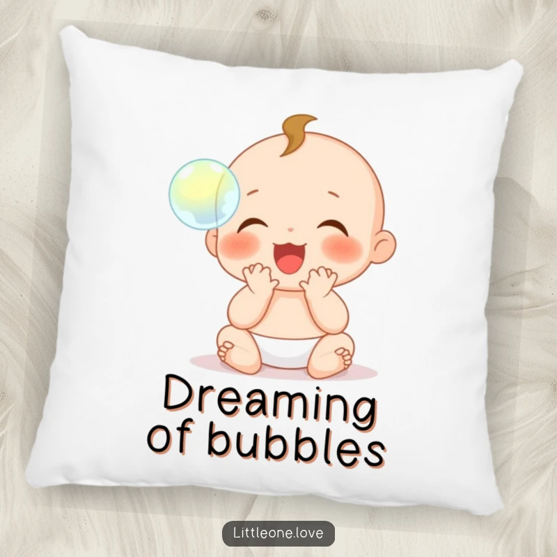 Funny Pillow: A baby character with tiny hands claps gleefully, entranced by a delicate, floating bubble, exuding pure happiness.