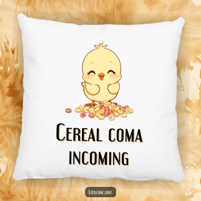 Funny baby chick pillow, happy chick pecking at spilled cereal, cozy and humorous accent for sofas and beds.