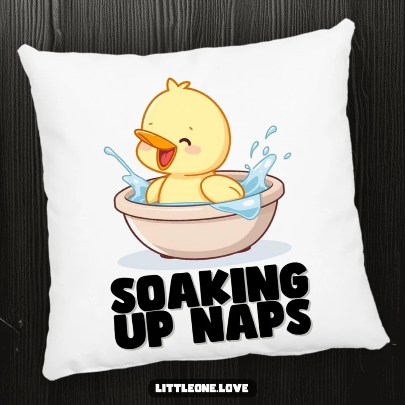 Funny pillow with a baby duckling splashing happily in a tub, offering comfort and cute humor. Decorative cushion.