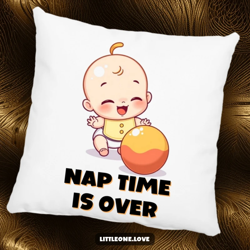 Funny pillow featuring a giggling baby with a bib, joyfully reaching for a rolling ball, offering comfort and cheer.