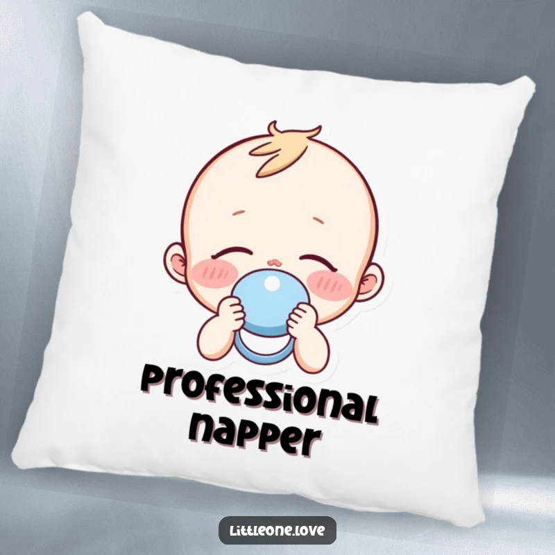 Funny sleepy baby with rosy cheeks peacefully holding a pacifier, printed on a soft, decorative pillow.