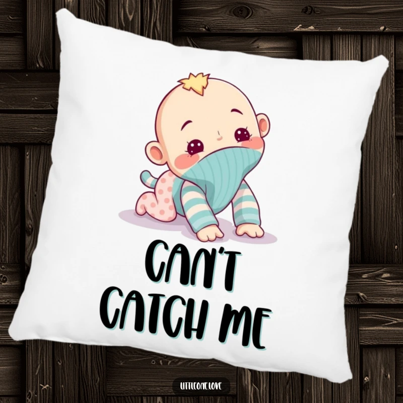 Funny pillow with a mischievous baby sock puppet attempting to crawl away, offering soft comfort and a dose of playful, humorous mischief, perfect accent.