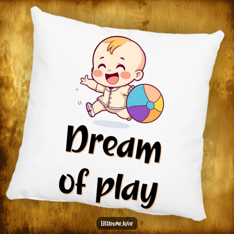 Funny giggling toddler character excitedly chasing a bouncing colorful ball, on a soft and decorative pillow.