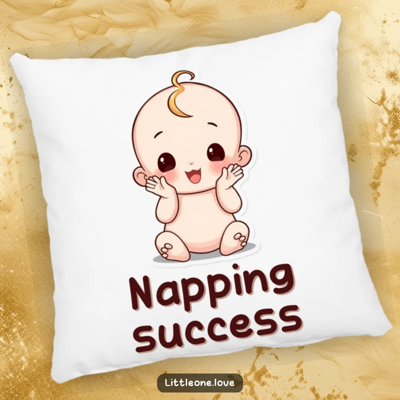 Funny wobbly baby pillow, sitting up and clapping hands, celebrating milestones, cozy and humorous accent.
