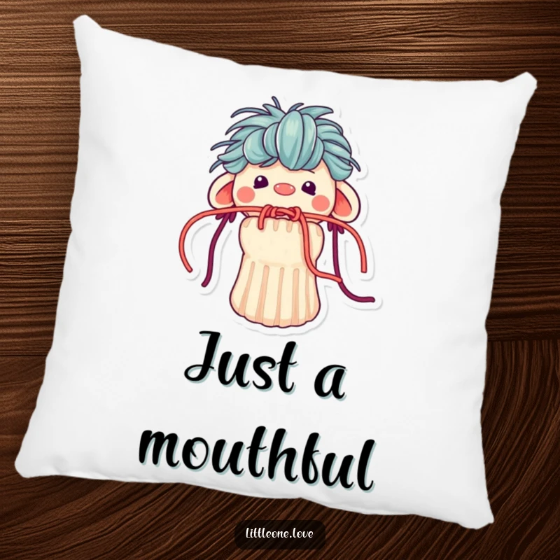 Funny pillow design of a cute sock puppet whose yarn hair is humorously stuck in its mouth, a soft and quirky accent.