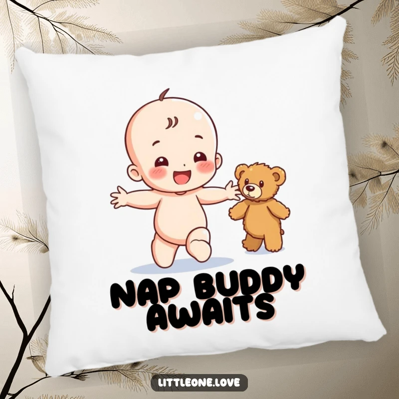 Funny pillow featuring a happy baby character toddling with arms outstretched towards a fuzzy teddy bear, offering comfort and sweet charm.