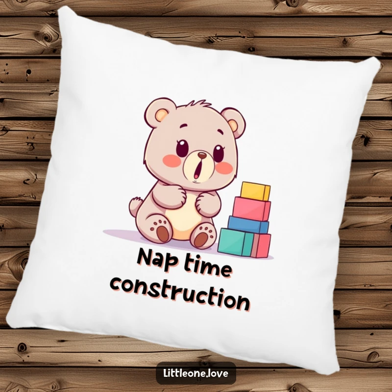 Funny baby bear pillow, surprised by a stack of building blocks, cozy and comical accent for sofas and beds.