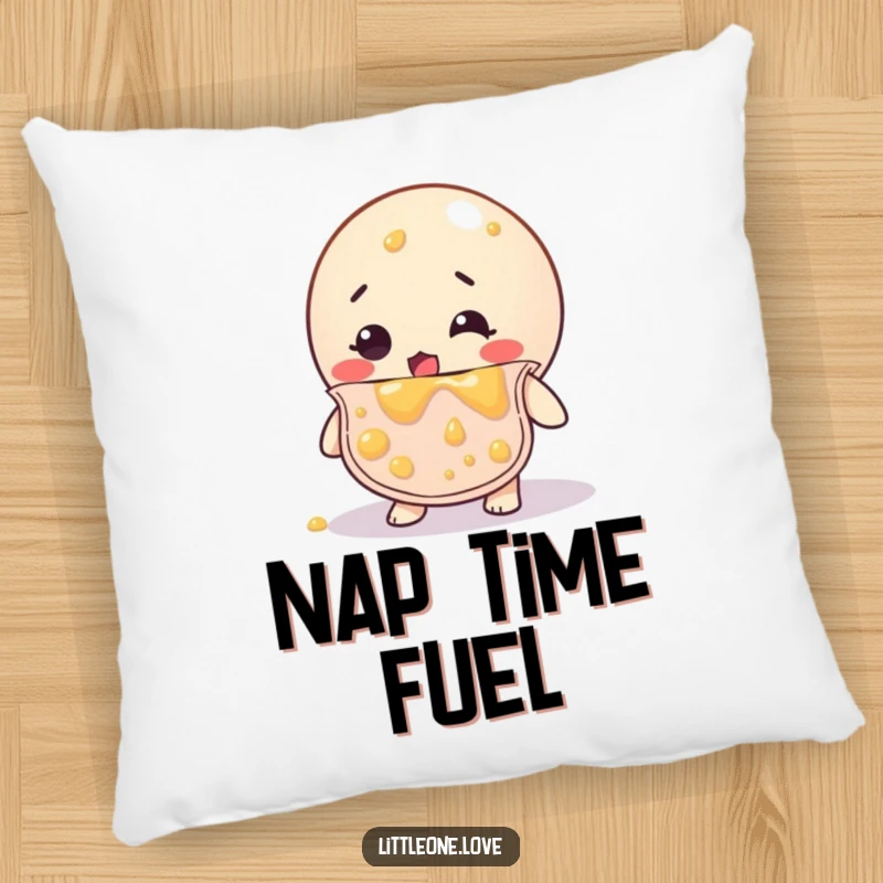 Funny pillow design of a bewildered rubber ball wearing a bib, completely splattered with baby food, a soft and humorous accent.