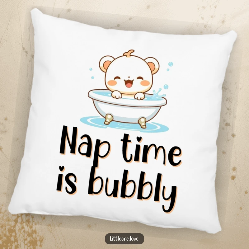 Funny baby animal character gleefully splashing in a miniature bathtub, presented on a soft and decorative pillow.
