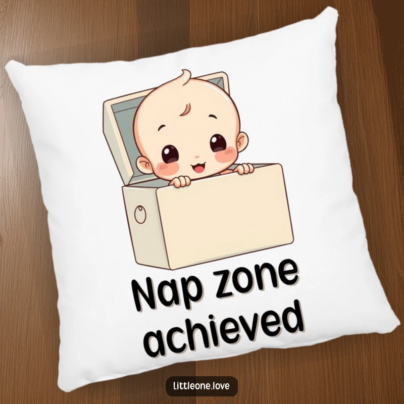 Funny pillow with a diapered baby character peeking comically from a toy box, soft and humorous.