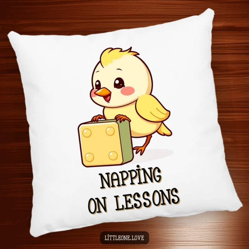Funny pillow showcasing a cheerful baby bird character pecking at a colorful block, offering cozy comfort and adorable humor, a great funny gift.