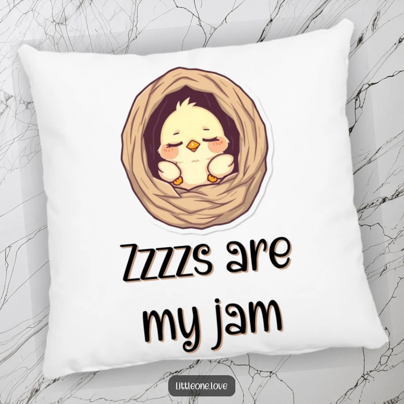 Funny pillow with a tiny, sleepy baby bird peeking from its nest, offering soft comfort and a dose of adorable, sleepy cuteness, perfect accent.