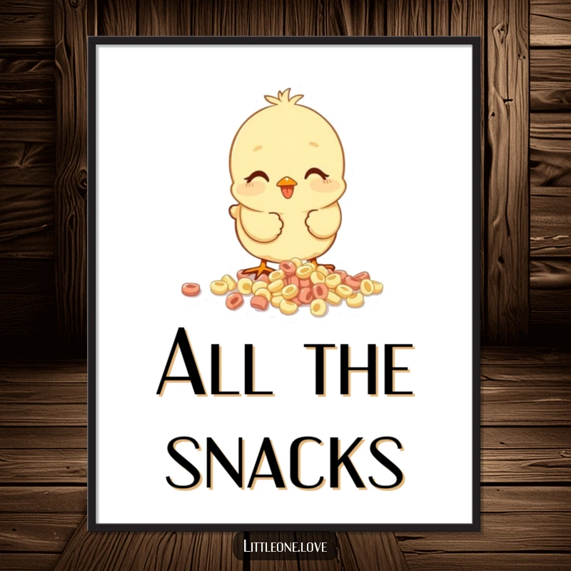 Funny baby chick digital art print, happy chick pecking at spilled cereal, printable humorous artwork for instant wall decor.