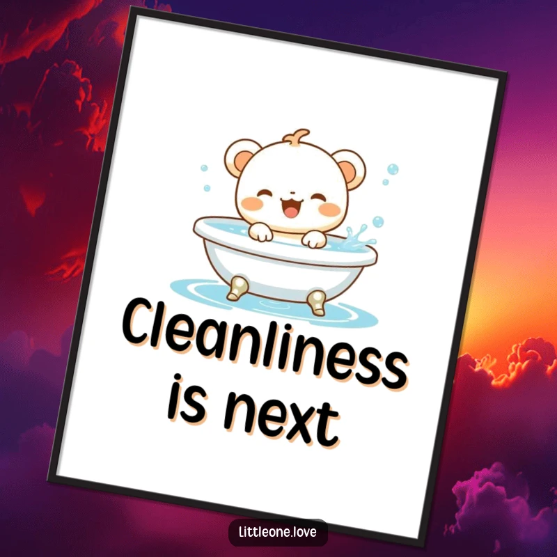 Funny baby animal character gleefully splashing in a miniature bathtub, available as a high-resolution digital art print.