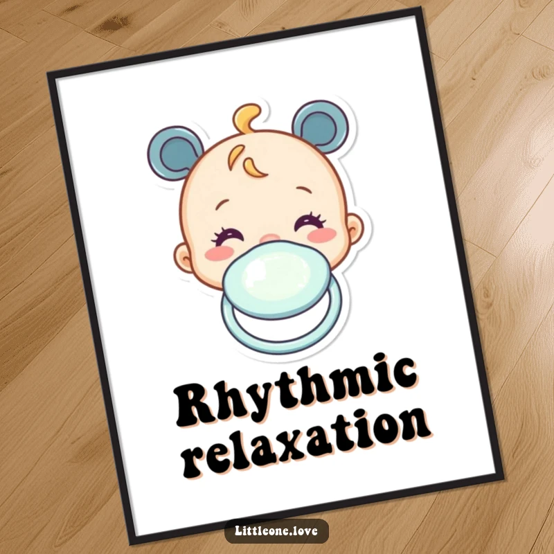 Funny digital art print of a cheerful baby pacifier character bobbing up and down, ideal for instant happy decor.