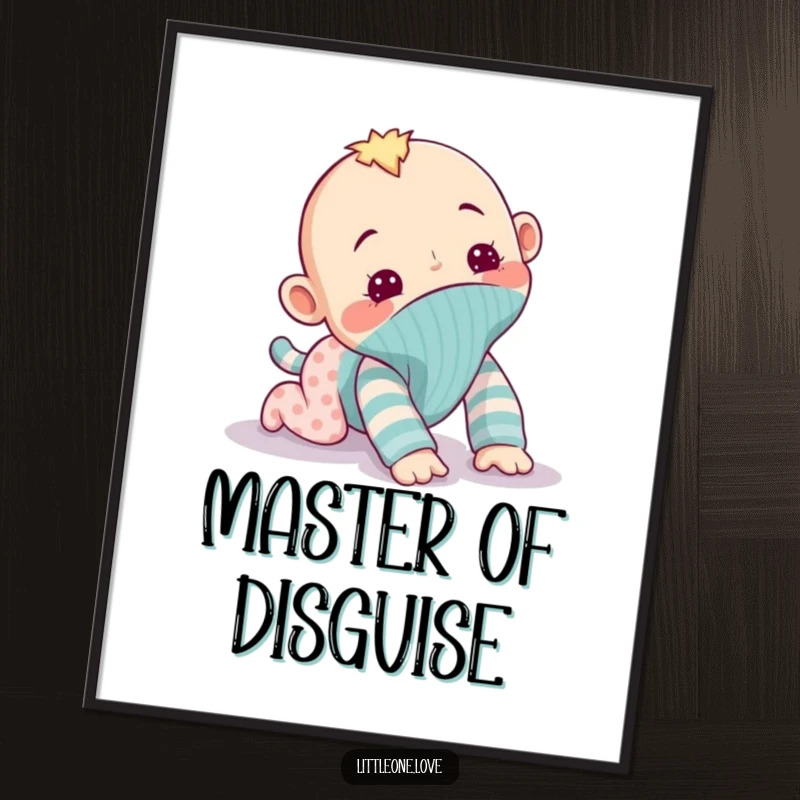Funny digital art print of a mischievous baby sock puppet attempting to crawl away, creating a playful and humorous focal point for any room's decor.