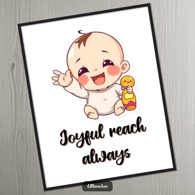 Funny giggling infant with chubby hand reaching out for a toy, as a downloadable digital art print.