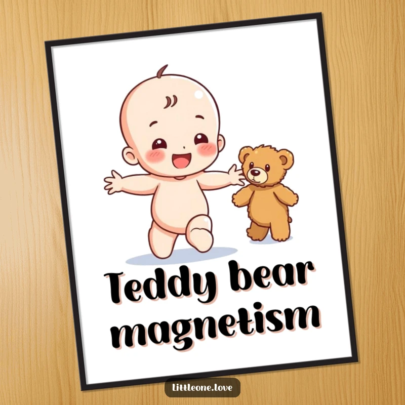 Funny digital art print of a happy baby character toddling with arms outstretched towards a fuzzy teddy bear, perfect for cheerful decor.