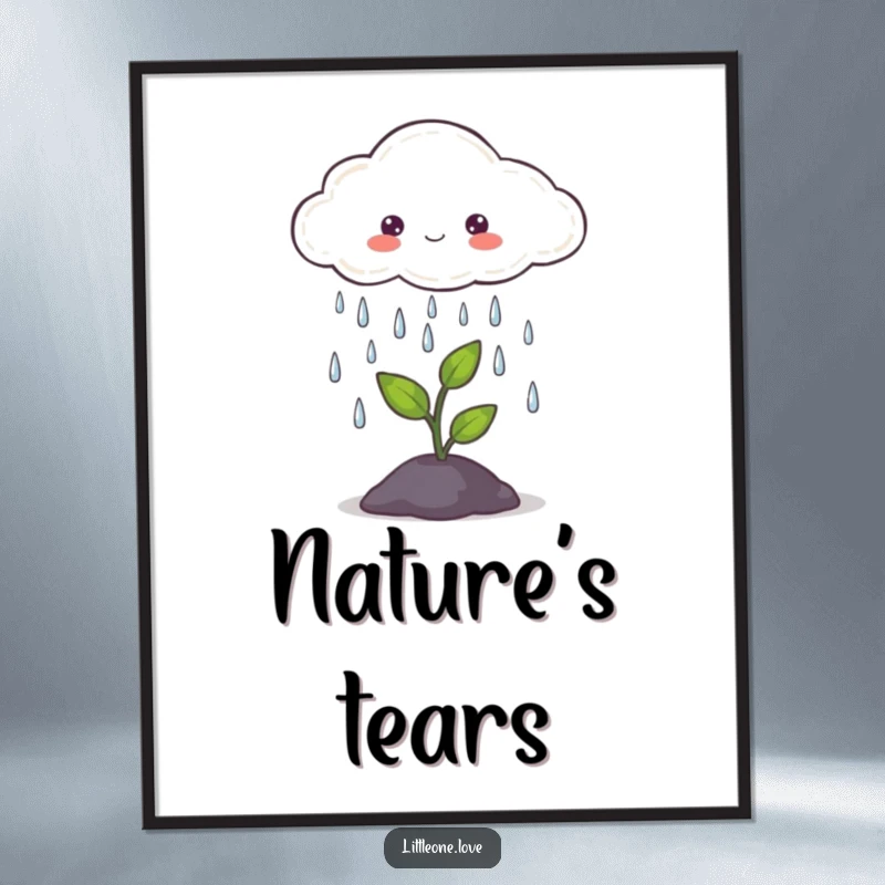 Funny digital art of a cute cloud gently raining on a tiny green sprout, a serene and heartwarming illustration.