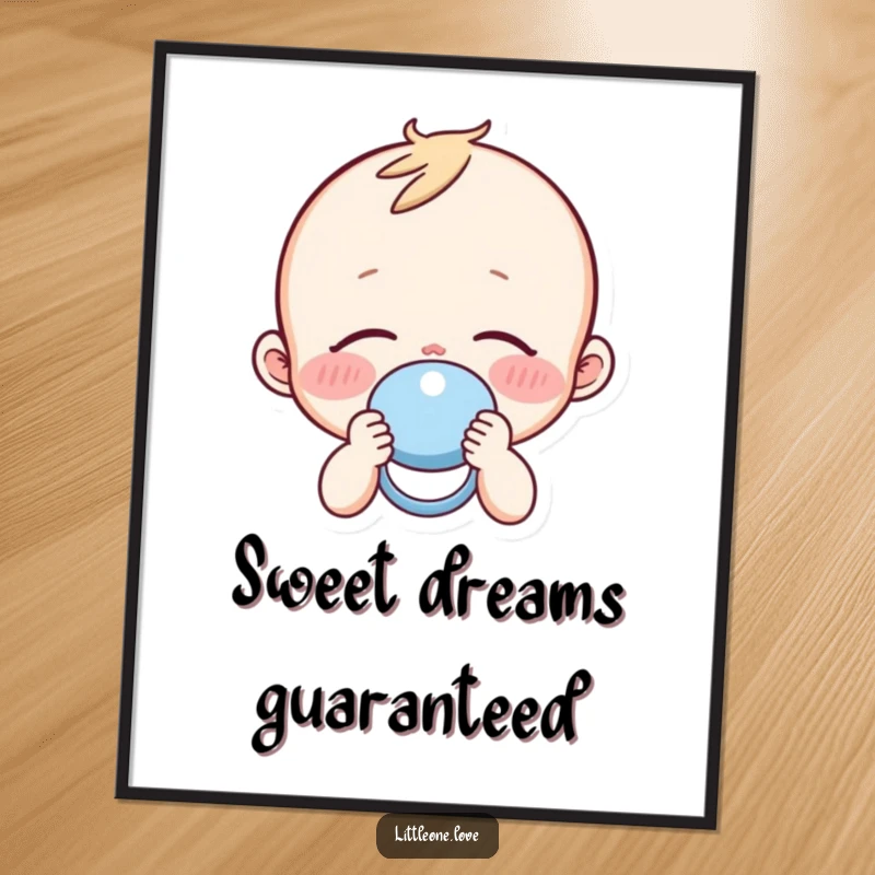 Funny sleepy baby with rosy cheeks peacefully holding a pacifier, as a downloadable digital art print.
