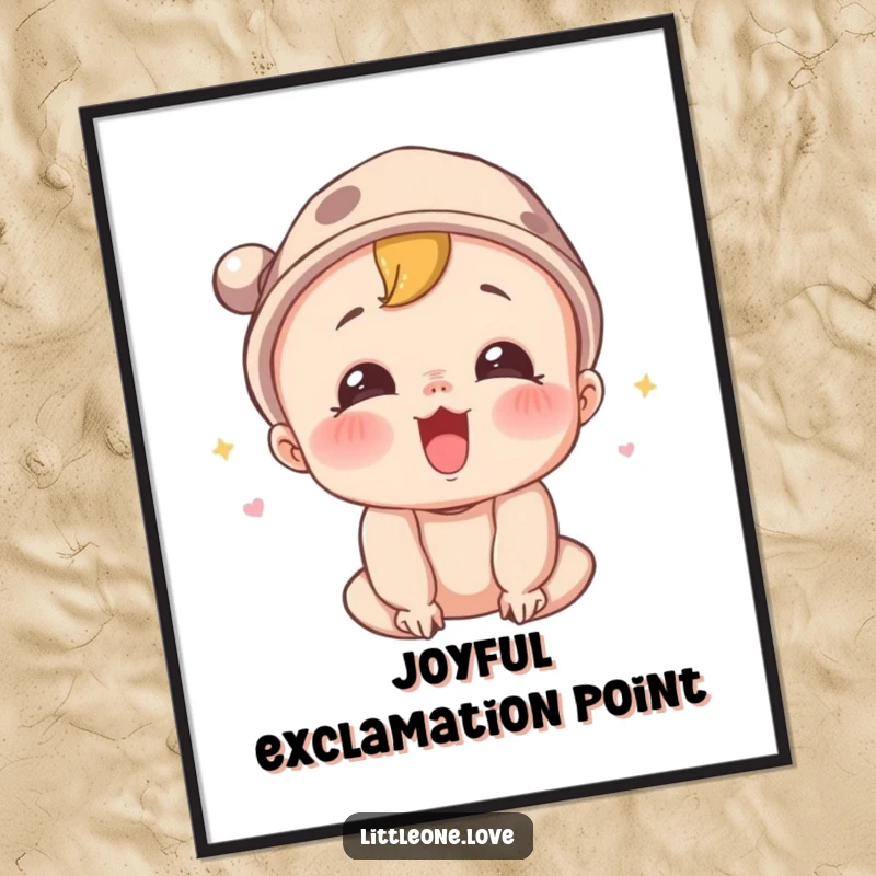 Funny digital art print of a surprised baby character in a tiny hat, letting out a joyful squeal, perfect for cheerful decor.