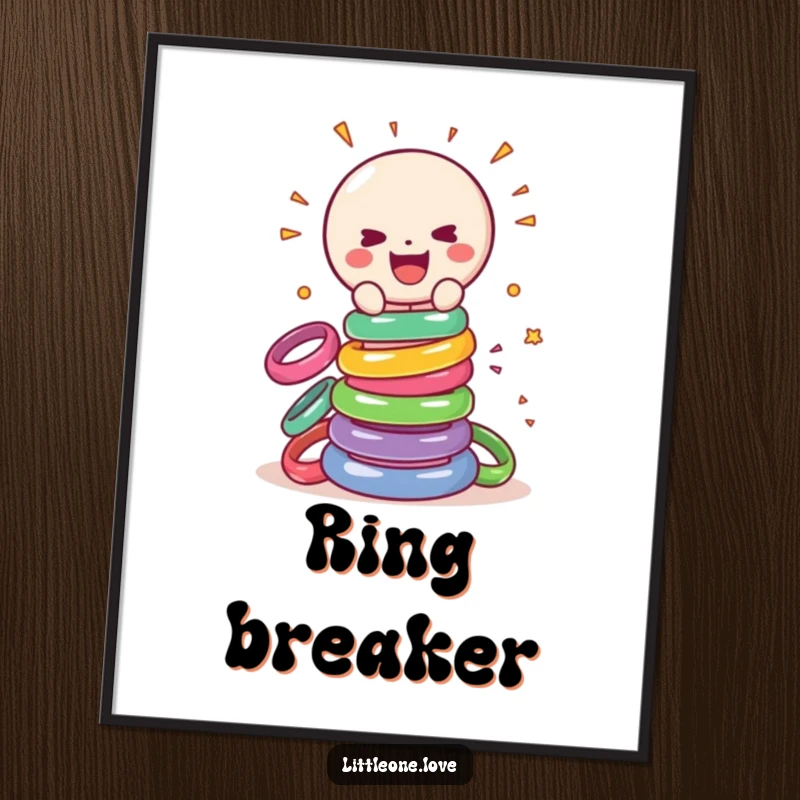 Funny digital art of a cheerful, sentient baby rattle gleefully smashing a tower of colorful rings, a dynamic and humorous piece.