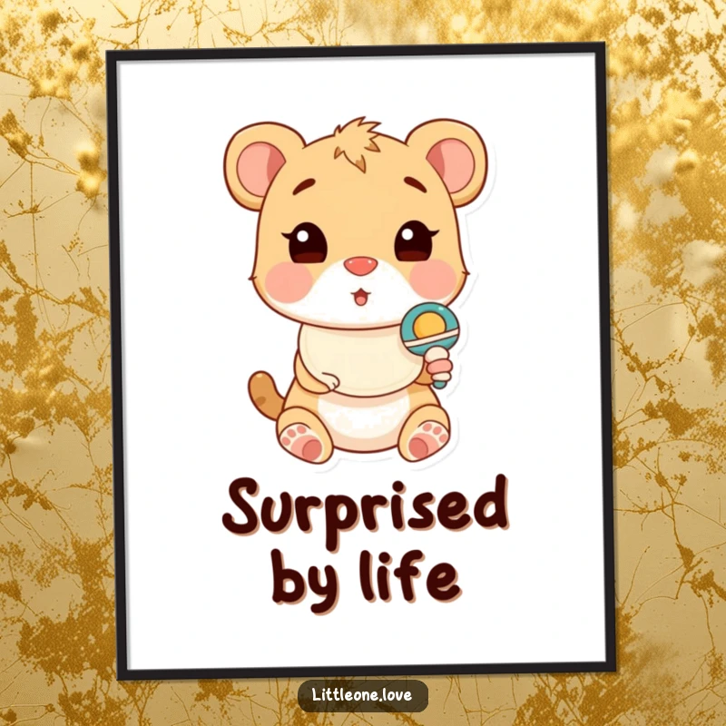 Funny Digital Art Print of a cute baby animal in a bib, surprised by a rattle, adding adorable and humorous decor.