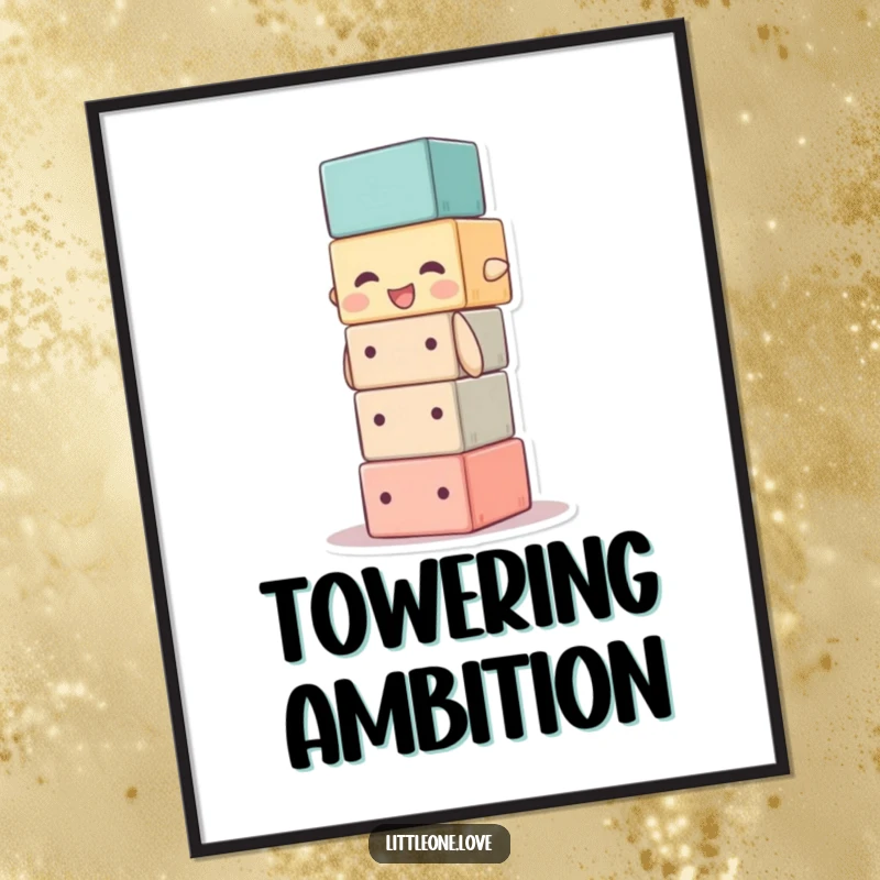 Funny digital art print of a baby block character stacking itself too high, ideal for instant ambitious decor.