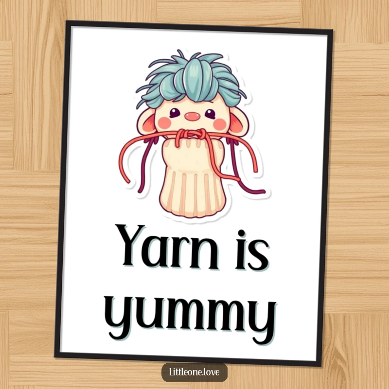 Funny digital art of a sock puppet with yarn hair humorously stuck in its mouth, a charming and whimsical piece for instant enjoyment.