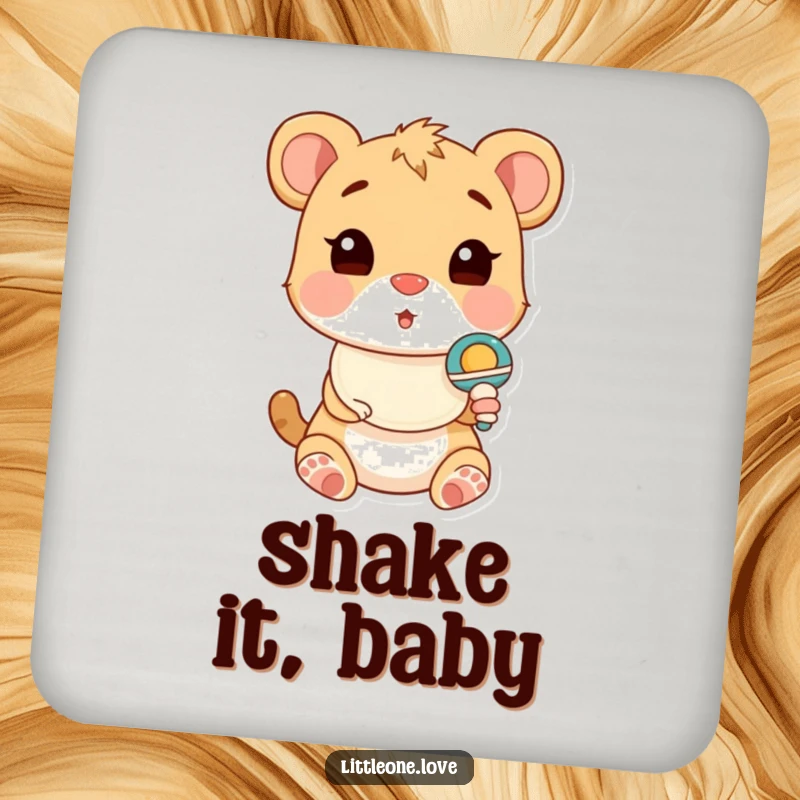 Funny Drink Coasters with a cute baby animal in a bib, surprised by a rattle, protecting surfaces with charm.