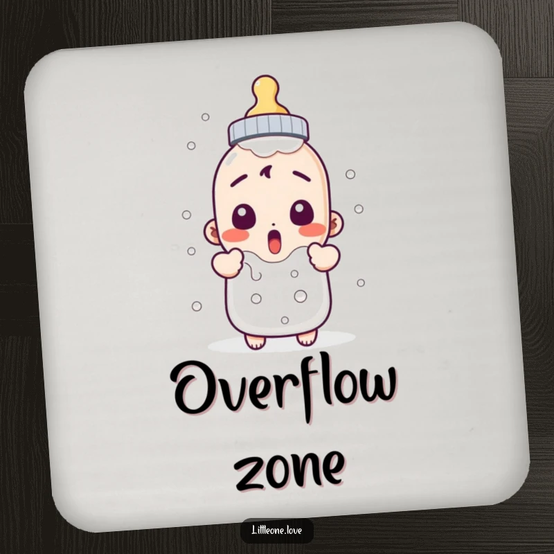 Funny coasters featuring a surprised baby bottle character bubbling over, protecting surfaces with humor. Set of coasters.