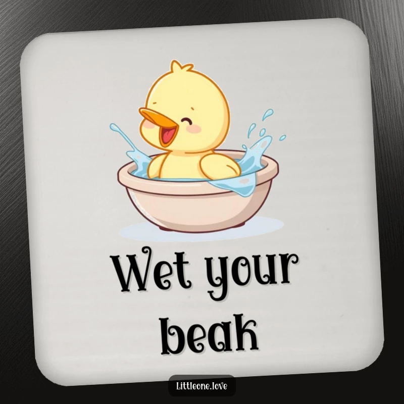Funny coasters with a baby duckling splashing in a tub, offering cute humor and surface protection. Set of coasters.