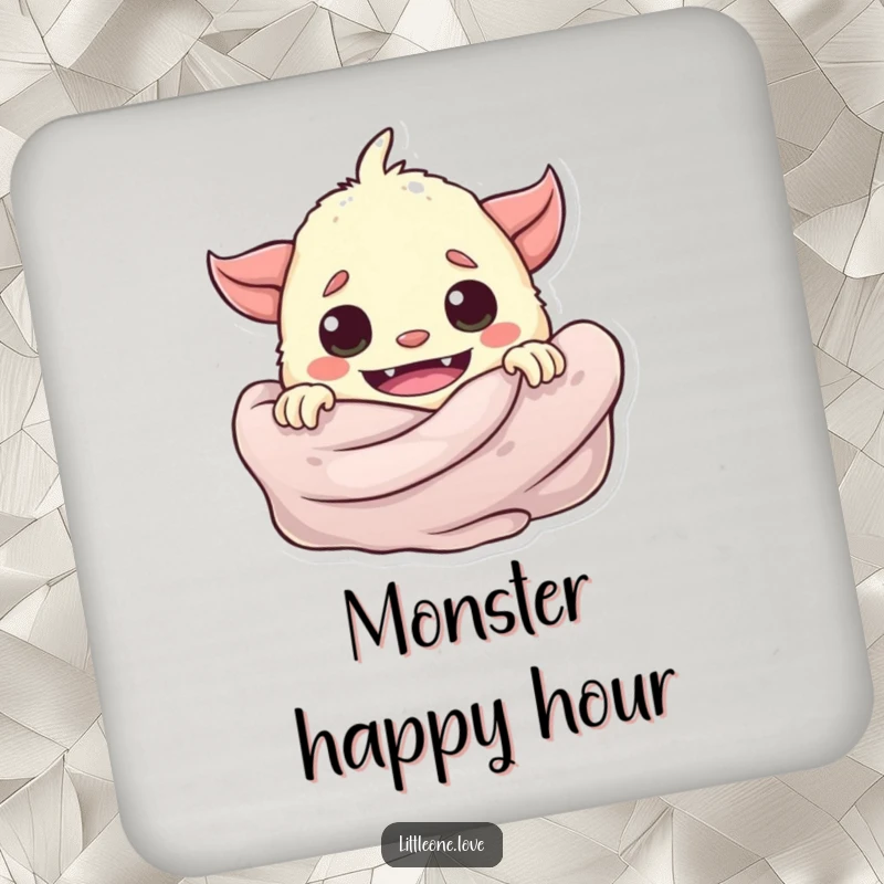 Funny playful baby monster peeking from behind a soft blanket, printed on absorbent drink coasters.