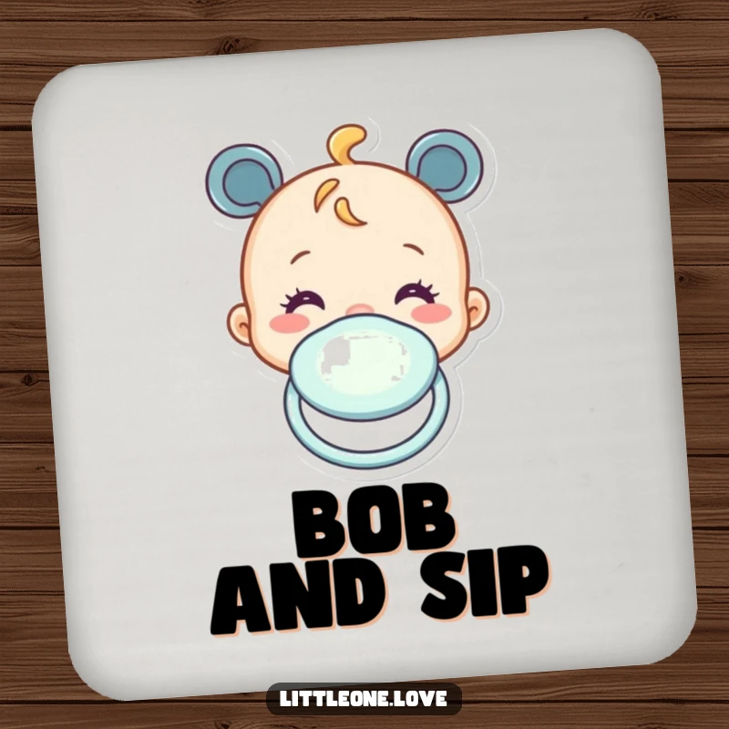 Funny coasters with a cheerful baby pacifier character bobbing up and down, offering humorous protection. Set of coasters.