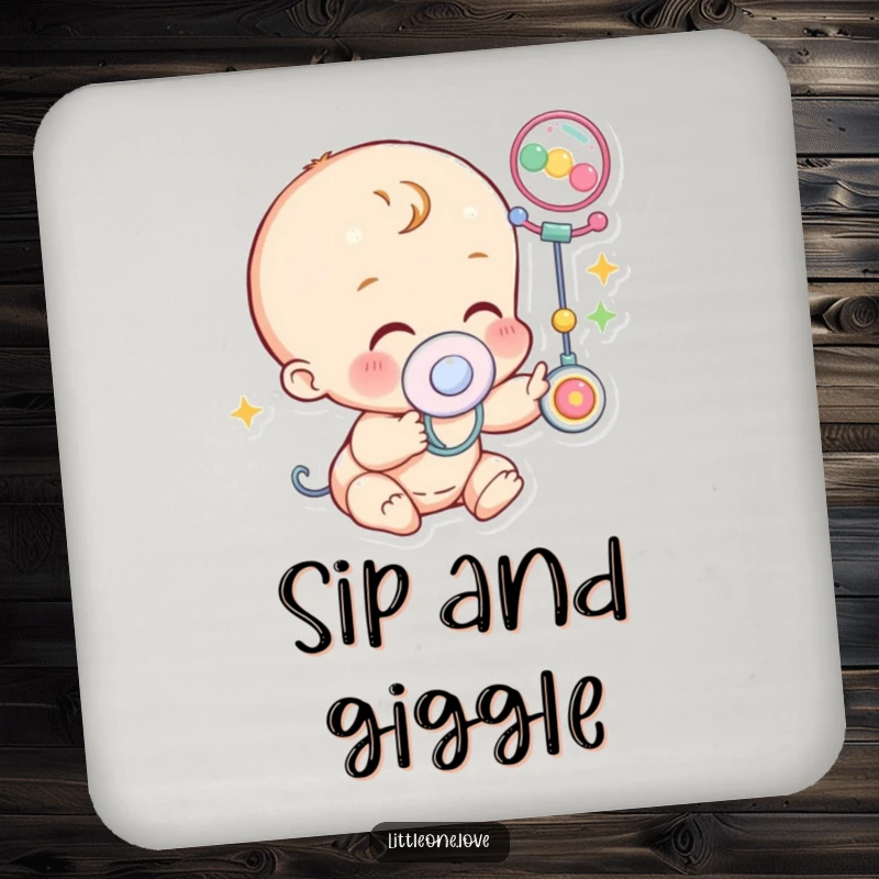 Funny Coasters: A baby character with a pacifier giggles while reaching for a colorful mobile, protecting your surfaces.