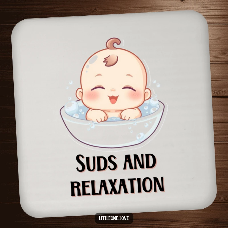 Funny Coasters: A chubby baby character with sleepy eyes floats blissfully in a bubbly bath, protecting your surfaces.