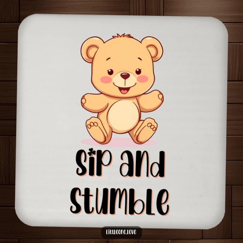 Funny drink coaster set featuring a happy teddy bear character learning to take wobbly steps, protecting surfaces with heartwarming charm and a symbol of progress.