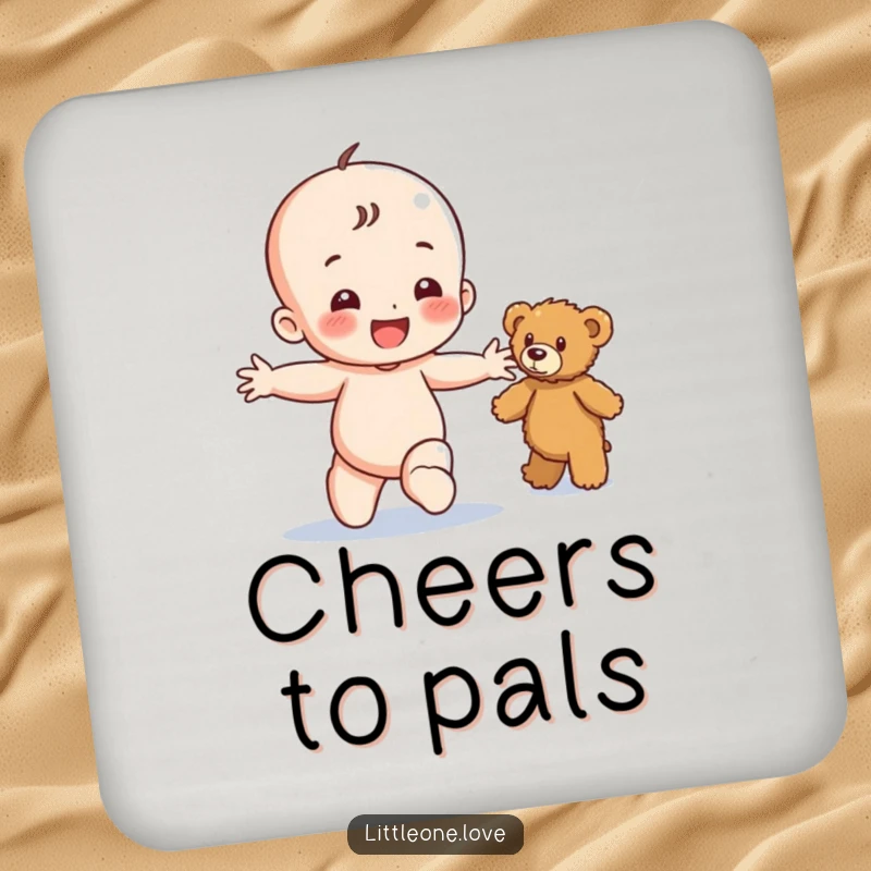 Funny drink coaster showing a happy baby character toddling with arms outstretched towards a fuzzy teddy bear, offering protection with charm.