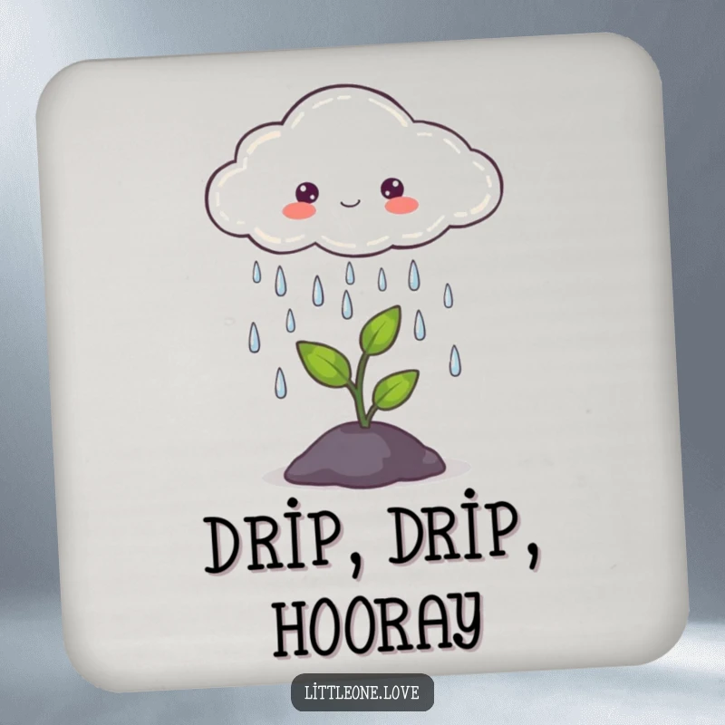 Funny drink coaster with a cute cloud gently raining on a tiny green sprout, a humorous and protective accessory.