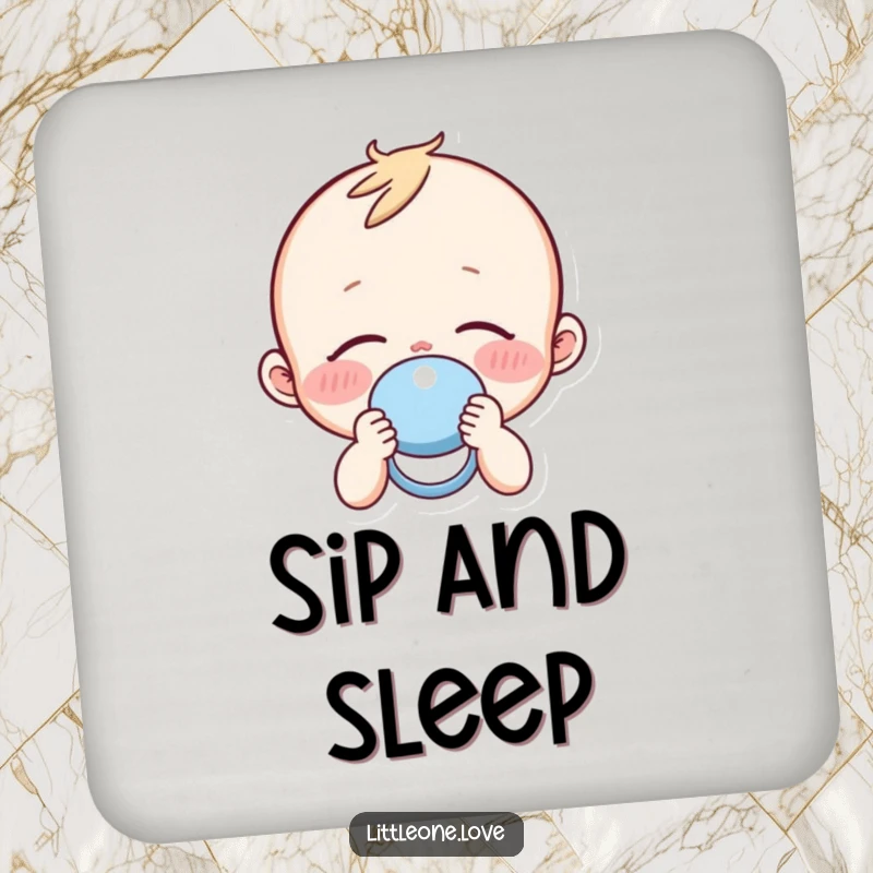Funny sleepy baby with rosy cheeks holding a pacifier, printed on absorbent drink coasters.