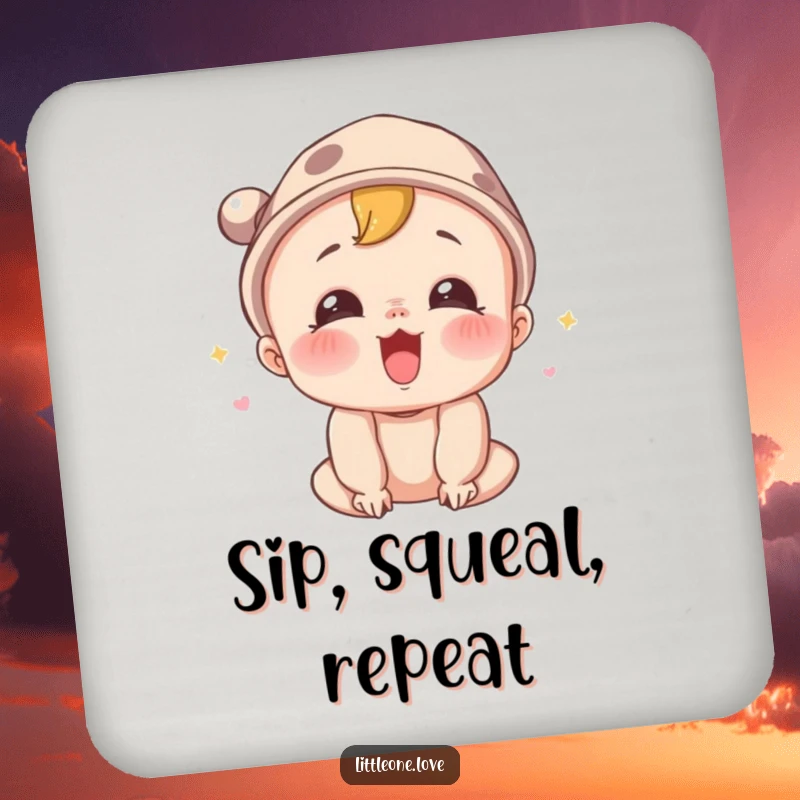 Funny drink coaster showcasing a surprised baby character in a tiny hat, mid-squeal, offering protection with a humorous touch.
