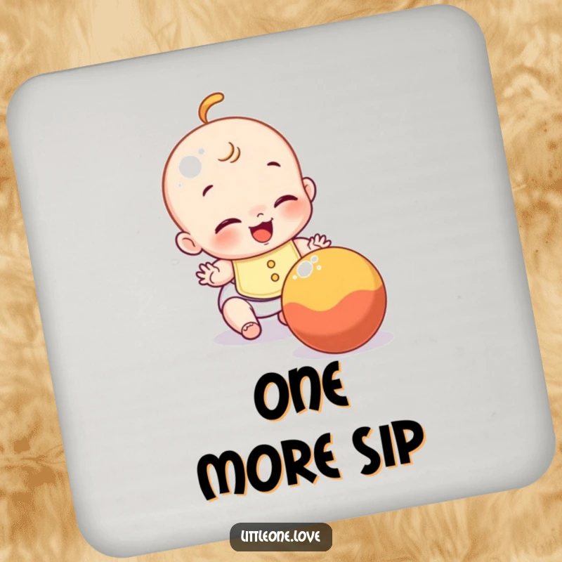 Funny drink coaster featuring a giggling baby in a bib trying to catch a rolling ball, protecting surfaces with charm.