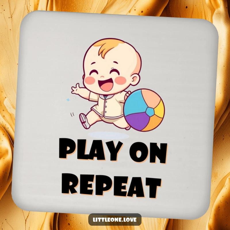 Funny giggling toddler character excitedly chasing a bouncing colorful ball, functioning as a playful drink coaster.