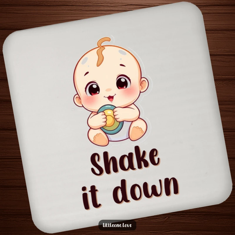 Funny chubby baby with wide, curious eyes holding a rattle, printed on absorbent drink coasters.